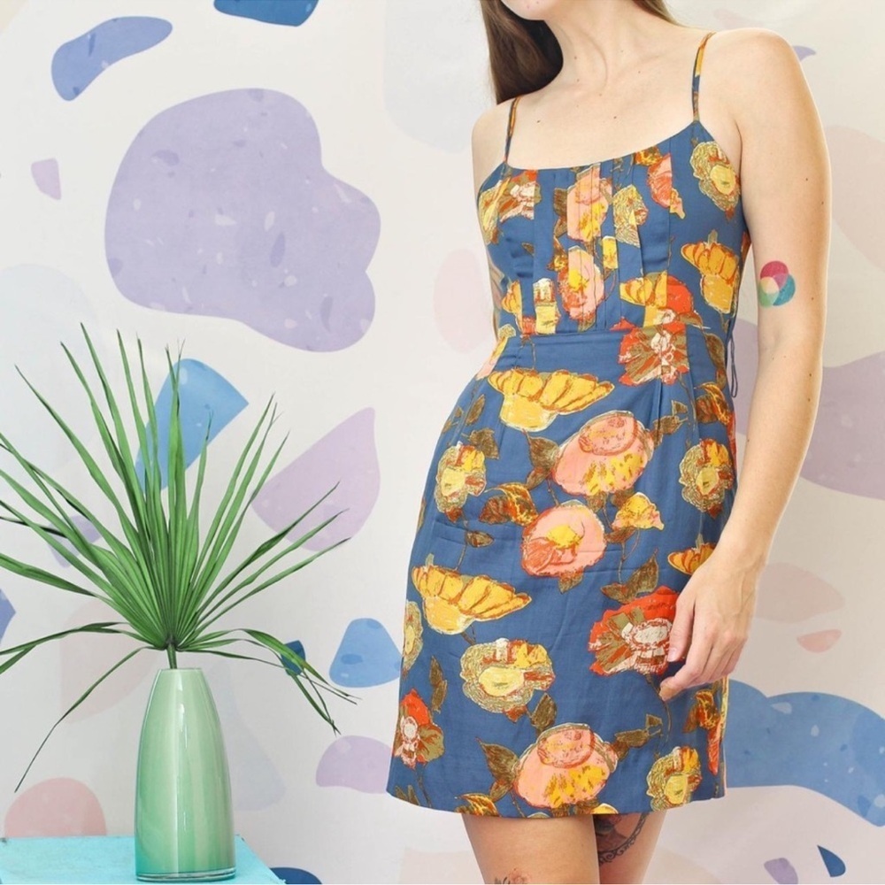 Anthropologie Maeve Blue Silk Peony Dress Cut Out Back Sz 4
